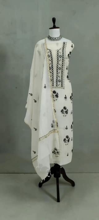Lucknow Chikankari Hand-Embroidered Mul Cotton Dress Material