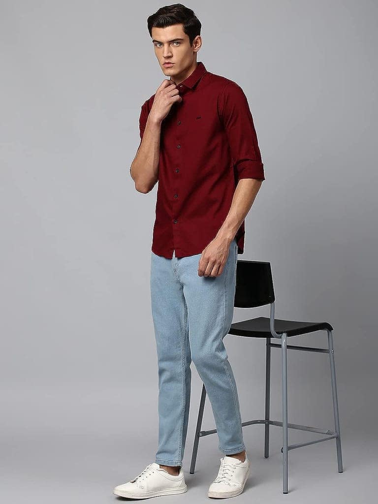 Men's Cotton Solid Slim Fit Casual Shirt with Pocket, Full Sleeve Shirt for Formal & Casual Wear (Maroon) view 3