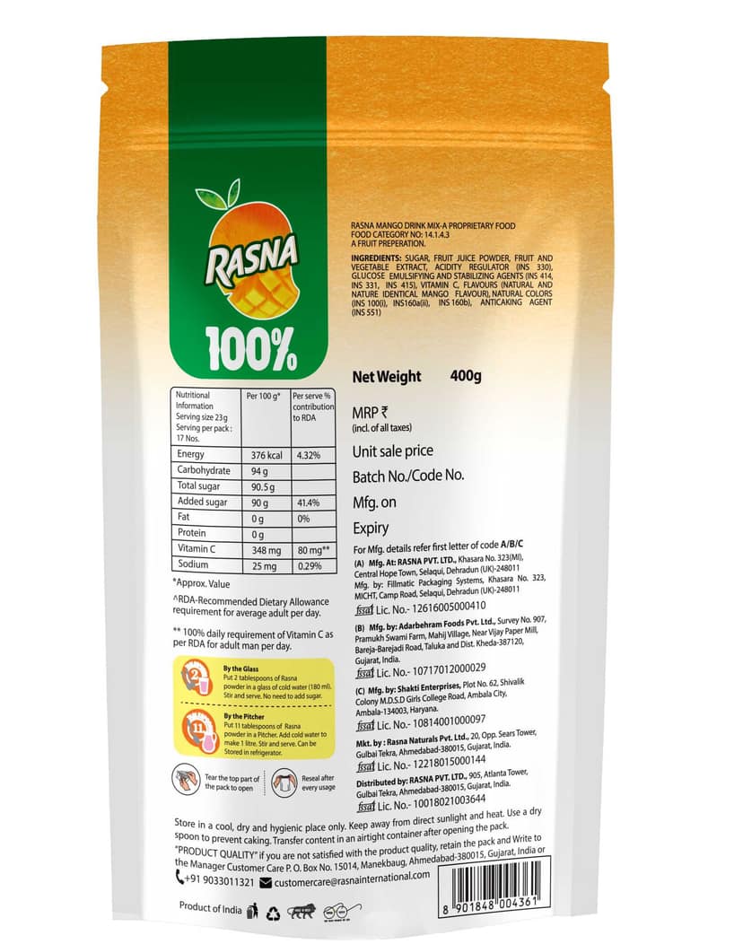 Rasna Natural 100% 400g Pack Mango view 2