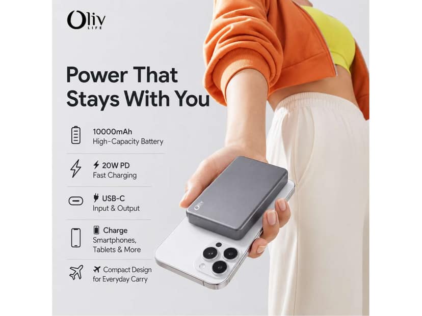 OlivLife 10000 mAh Wireless Power Bank (20 W, Fast Charging) - Gray view 3