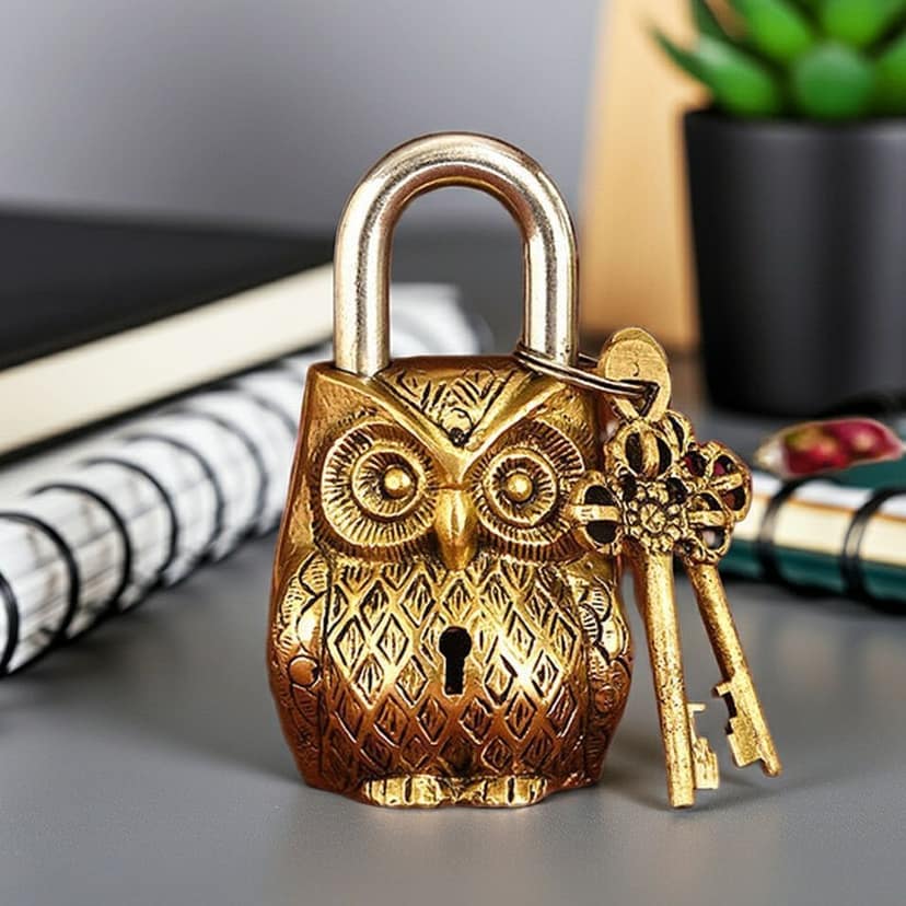 Brass Showpiece & Working Owl Shape Lock - Artistic Brass Showpiece & Functional Lock, Height : 4.5 Inch (BSMAS1486 B)