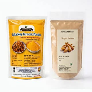 Hunbait Spices Combo: Lakadong Turmeric Powder (100g) & Ginger Powder (100g) - 200 gm - Two 100g packets