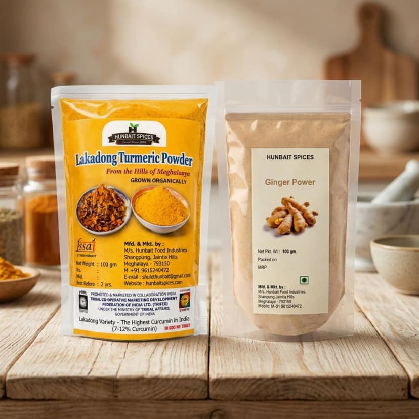 Hunbait Spices Combo: Lakadong Turmeric Powder (100g) & Ginger Powder (100g) - 200 gm - Two 100g packets view 2