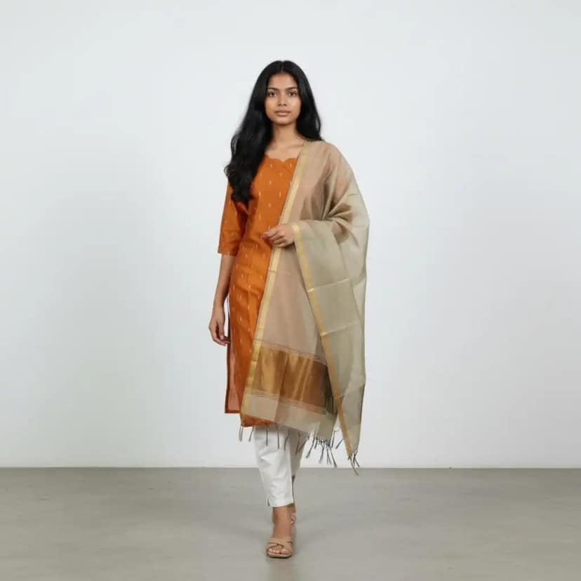 Mustard Raw Silk Kurti with Grey Zari-Border Dupatta, Mangalagiri
