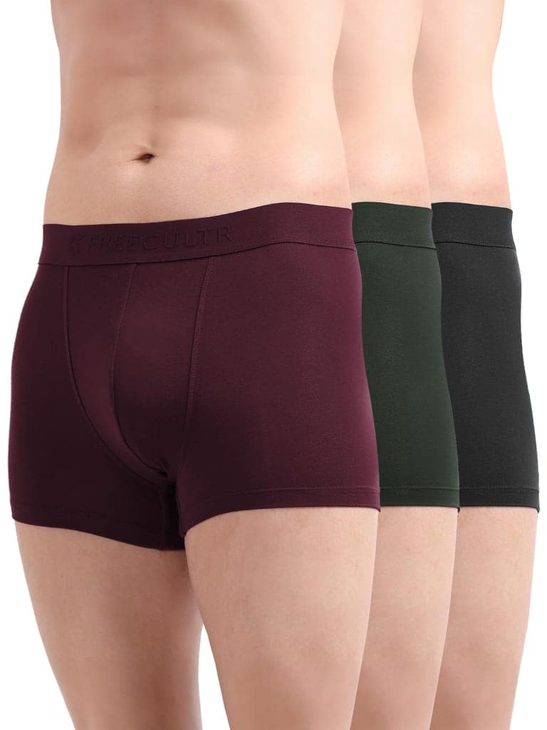 FREECULTR Men's Underwear Anti Bacterial Micromodal Airsoft Trunk - Non Itch No Chaffing Sweat Proof - Pack of 3-Sable Black,Port Wine,Avocado Green