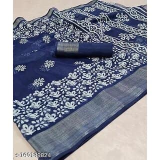 Blue Colour Cotton Printed saree With Blouse Piece