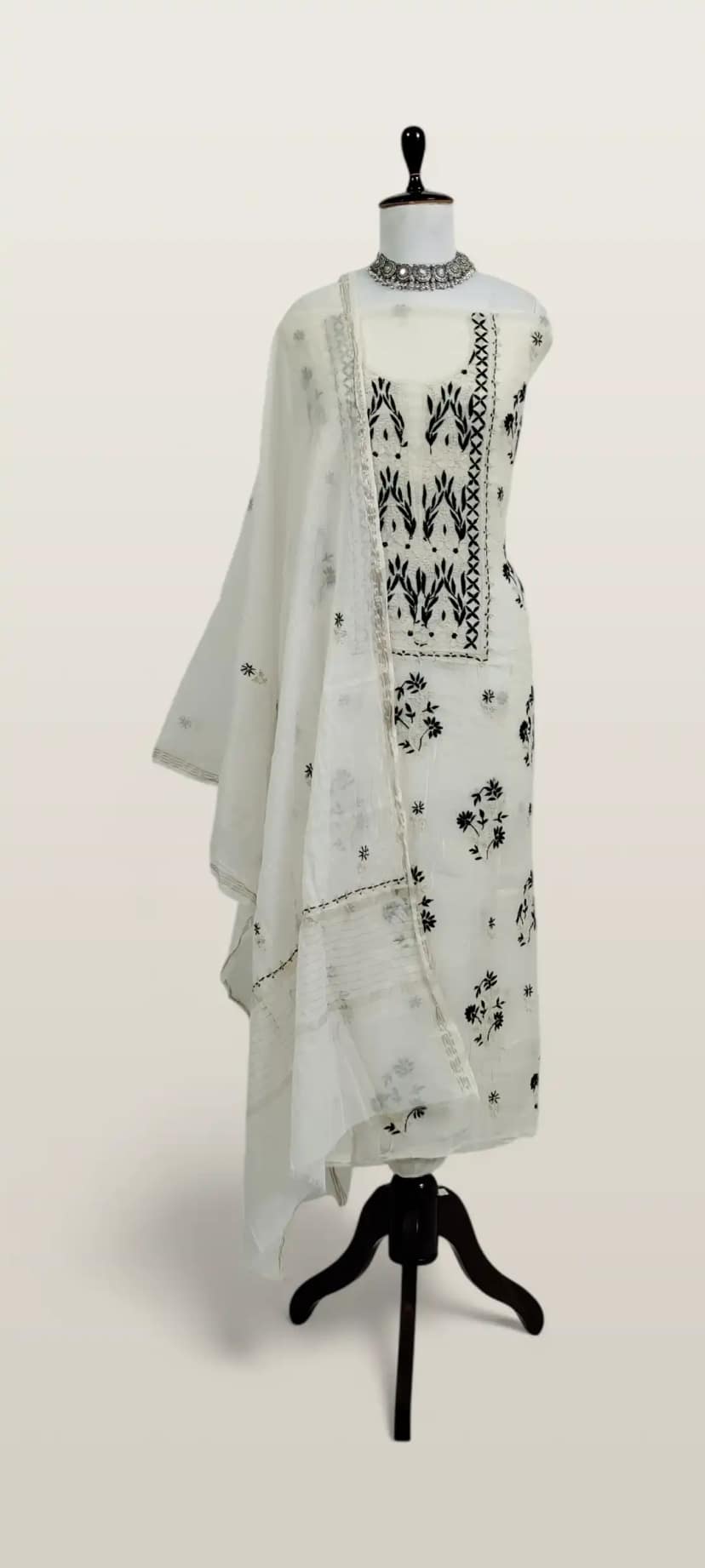Chikankari Mul Chanderi Dress Material Ivory Navy Leaf Yoke