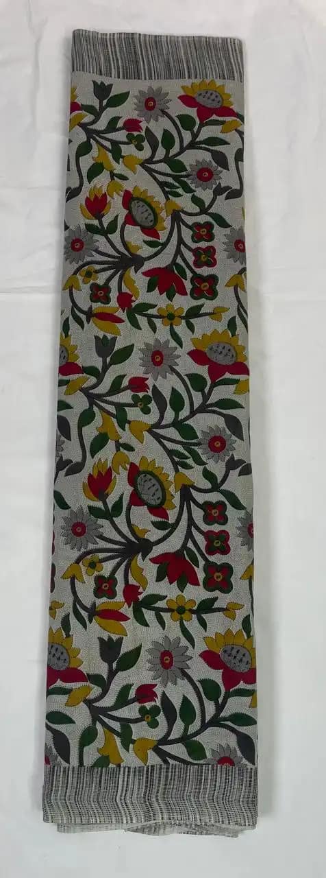 Madhubani Print Cotton Saree Gray Multicolour Floral view 2