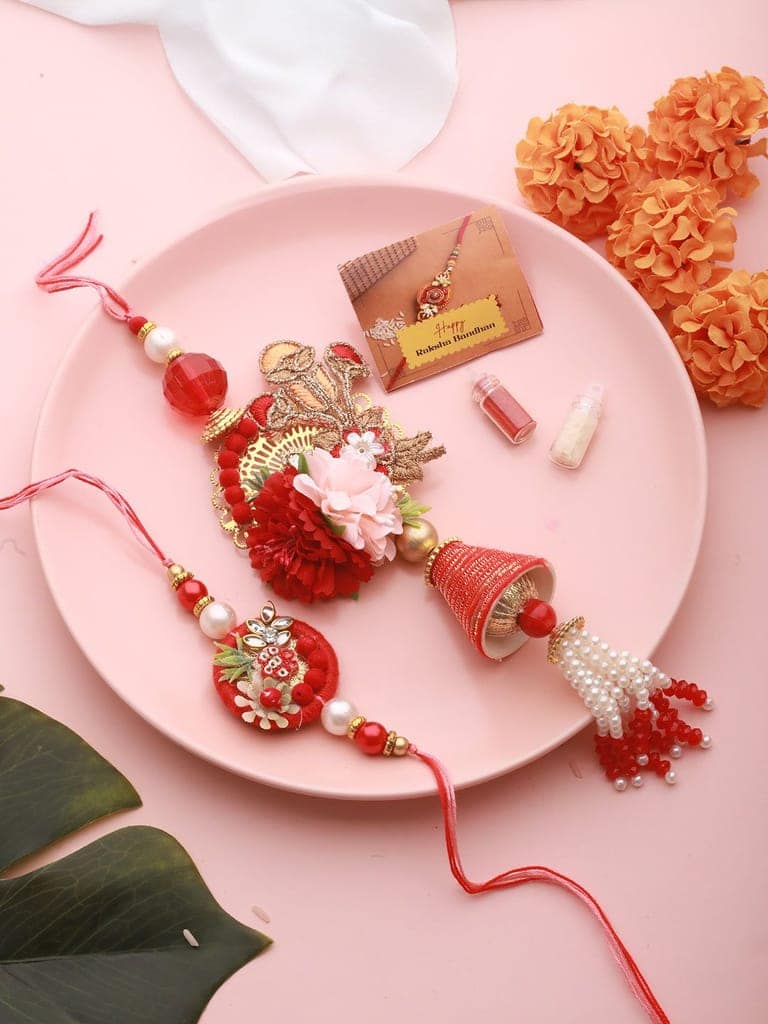 Set of 2 Designer Red Kundan Zardozi Handcrafted Lumba Rakhi Set With Roli Chawal Pooja Plate For Bhai & Bhabhi view 2