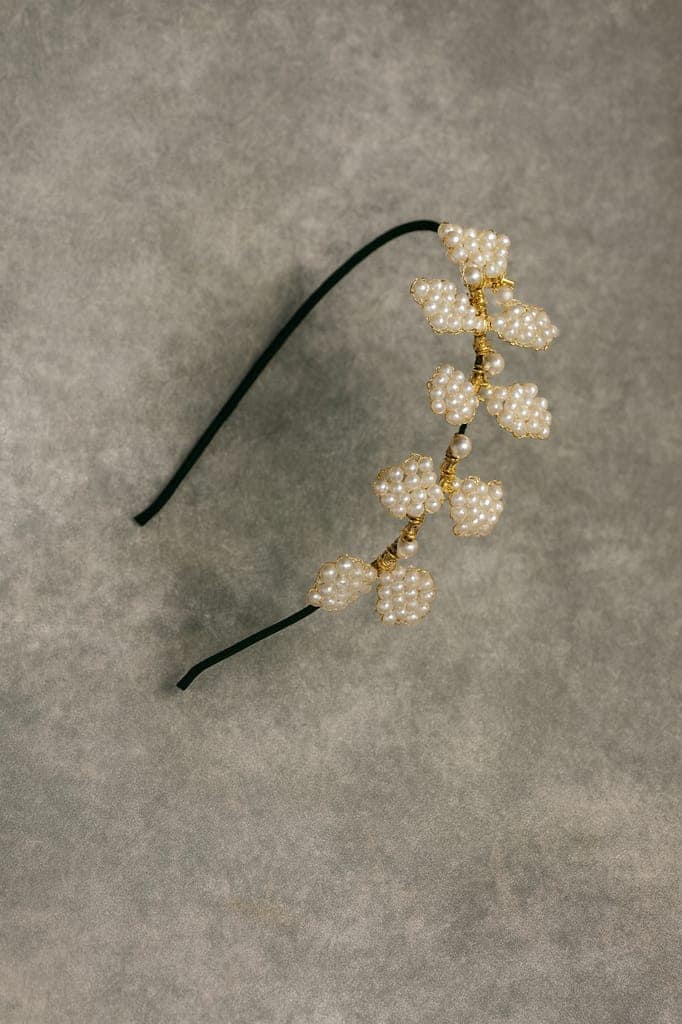 Handcrafted Floral Pearl Embellished Black Hairband view 3