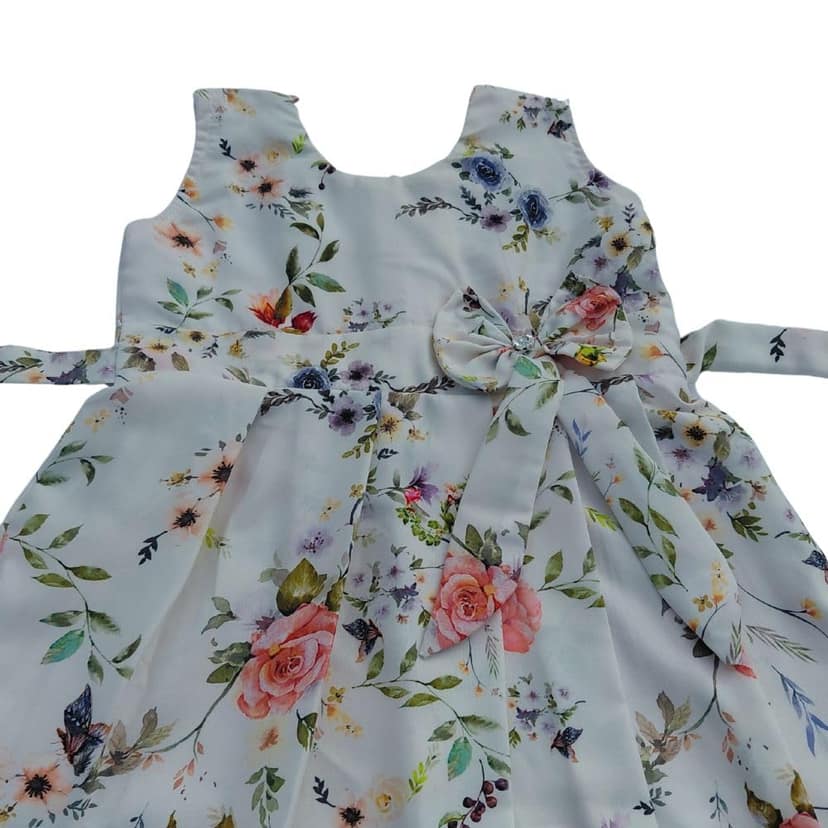 Mom and Me Girls Plain Colour Frock Dress with Flower & Matching Hair Belt | Sleeveless Crepe Fabric | Calf Length (in, Age, 3 Months, 6 Months, White) view 2