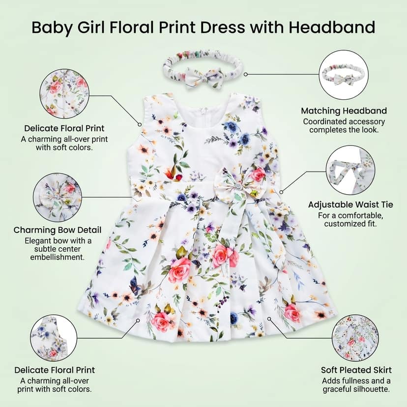 Mom and Me Girls Plain Colour Frock Dress with Flower & Matching Hair Belt | Sleeveless Crepe Fabric | Calf Length (in, Age, 3 Months, 6 Months, White) view 4