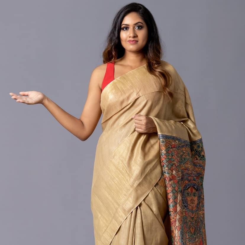 Golden Tussar Silk Saree with Madhubani Hand-Painted Art