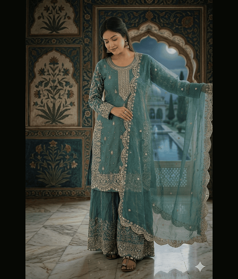 BHAGYASHRAY Women Silk Embroidered Straight Kurti With Patiala Salwar ( Light Blue )