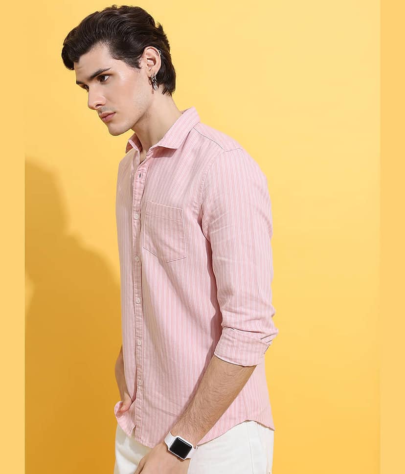 Highlander Cotton Blend Slim Fit Striped Full Sleeves Men's Casual Shirt - Pink ( Pack of 1 ) view 4