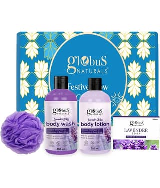 Globus Naturals Lavender Haven Essentials Bath & Body Gift Hamper Set of 4, Box includes - Lavender Body wash 200ml, Lavender Lotion 200ml, Lavender Soap 100gm, Loofah