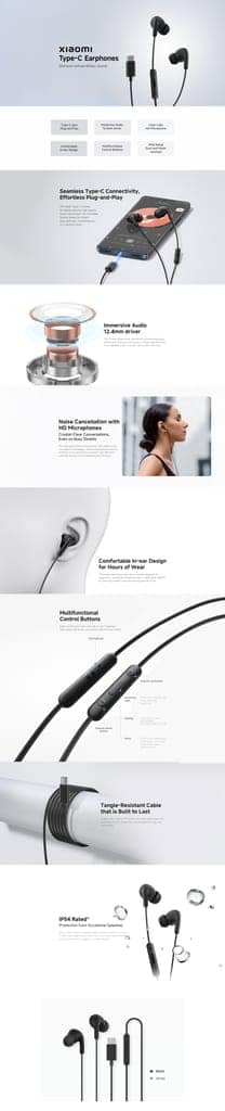 XIAOMI Type-C in-Ear Earphones with 12.4mm Drivers, HD Microphone, and IP54 Dust & Water Resistance view 10