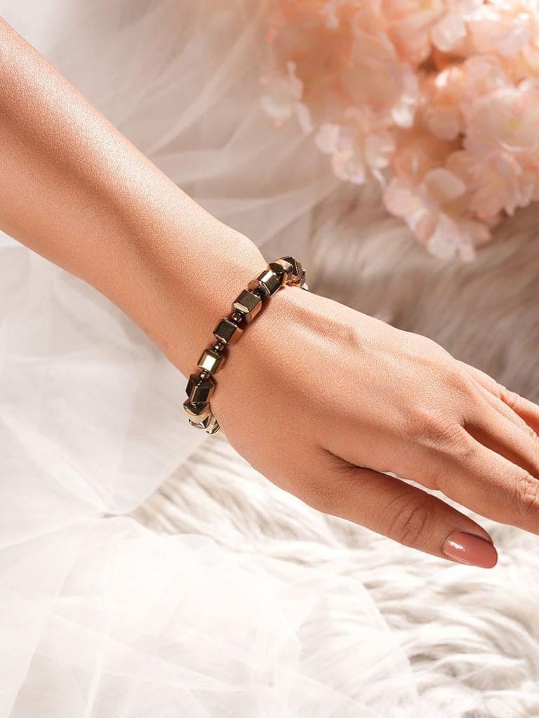 Natural Coated Pyrite Brass Energy Bracelet with Round Cube Beads view 3