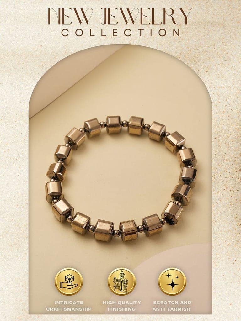 Natural Coated Pyrite Brass Energy Bracelet with Round Cube Beads view 5