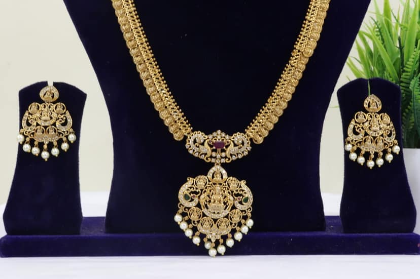 Victoria Gold Plated Traditional Indian Temple Jewellery Set with Lakshmi Pendant and Earrings view 3
