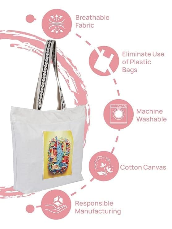 WOTM On The Move Tote | Premium Printed Cotton Canvas Tote Bag with Zipper & Inside Pocket, Stylish Everyday Travel Bag for Work, College, Office, Travel, Shopping view 4