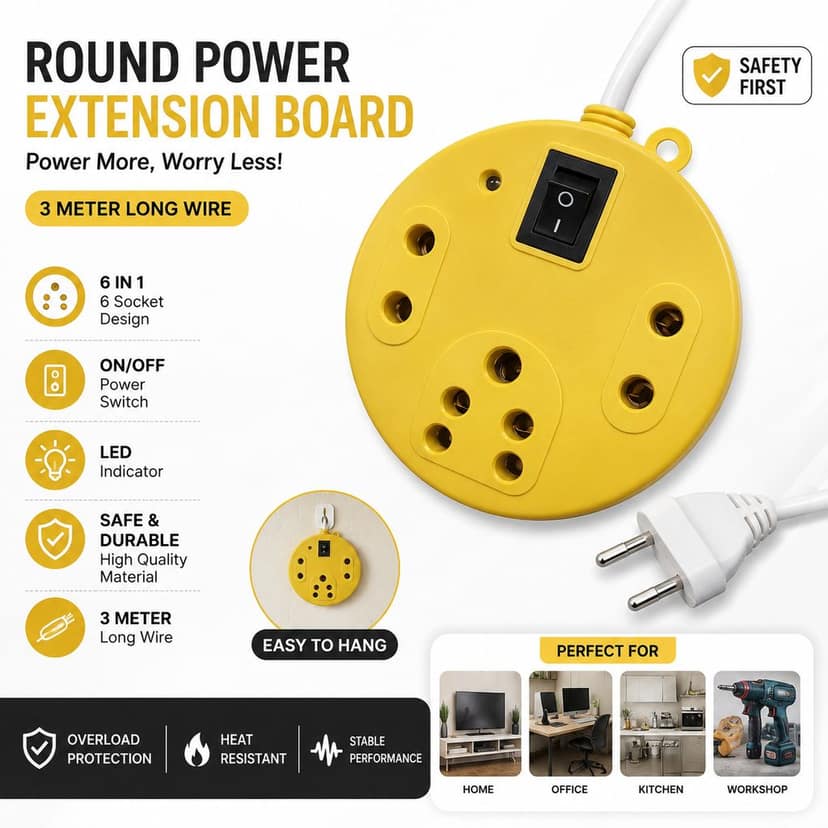 Multi-Socket Extension Board WIth An Integrated Power Switch And Indicator Light.with 3 Meter Long Copper Wire view 3