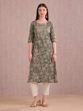 Olive Green Pure Cotton Foil Printed Kurti With Sequins Embroidery