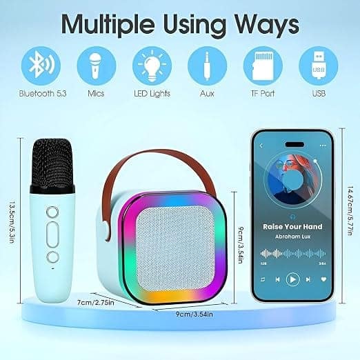 Mini Karaoke Machine with Wireless Mic for Kids | Portable Bluetooth, USB Connectivity Speaker with LED Lights & Music | Fun Singing Toy for Girls & Boys 4-12 Years view 2