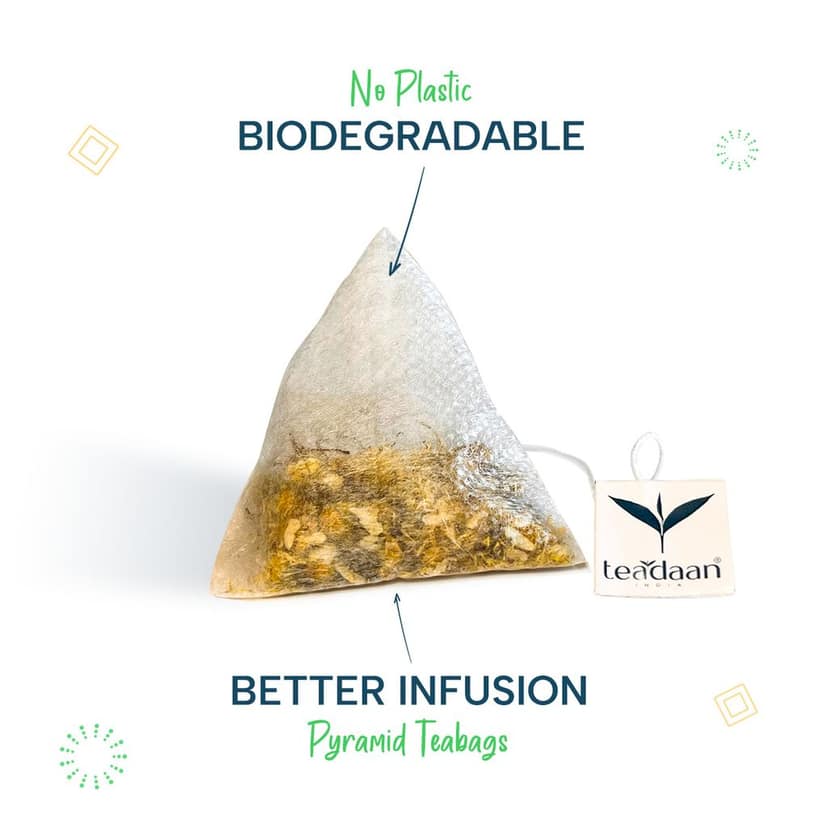 TEADAAN Chamomile Tea for Sleep & Stress Relief – 15 Biodegradable Pyramid Teabags – 100% Natural Herbal Tea – Relaxing & Uplifting view 4