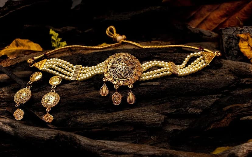 Frikki Gold Plated Pearl Golden Jewellery Choker Set For Women Traditional Chokar Jewelry Set Latest Design view 2