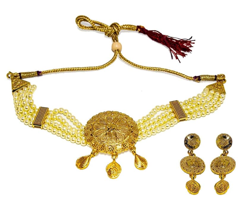 Frikki Gold Plated Pearl Golden Jewellery Choker Set For Women Traditional Chokar Jewelry Set Latest Design view 3