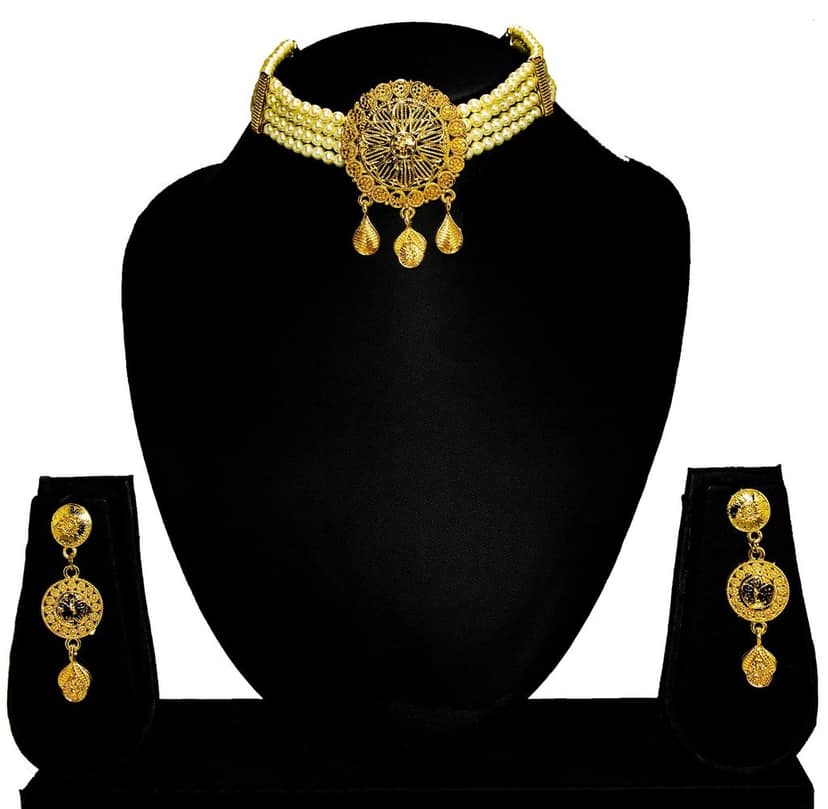 Frikki Gold Plated Pearl Golden Jewellery Choker Set For Women Traditional Chokar Jewelry Set Latest Design view 6