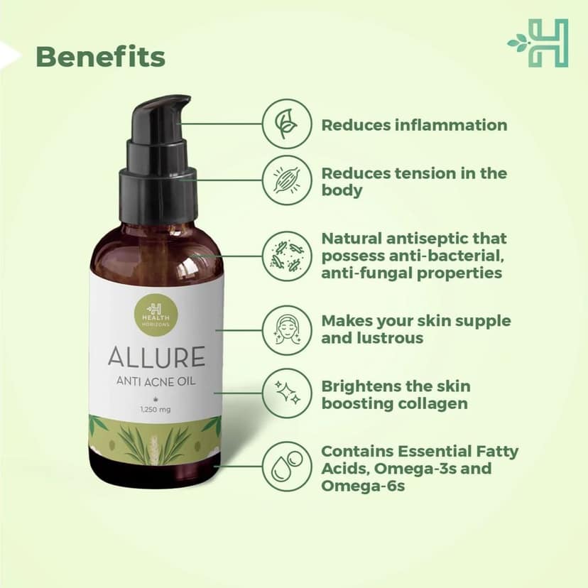 Health Horizon Allure Hemp Oil for Skin and Face, Anti-bacterial and Anti-inflammatory oil for Skin brightening and boosts collagen made with cannabis leaf extract (1.250 mg) view 2