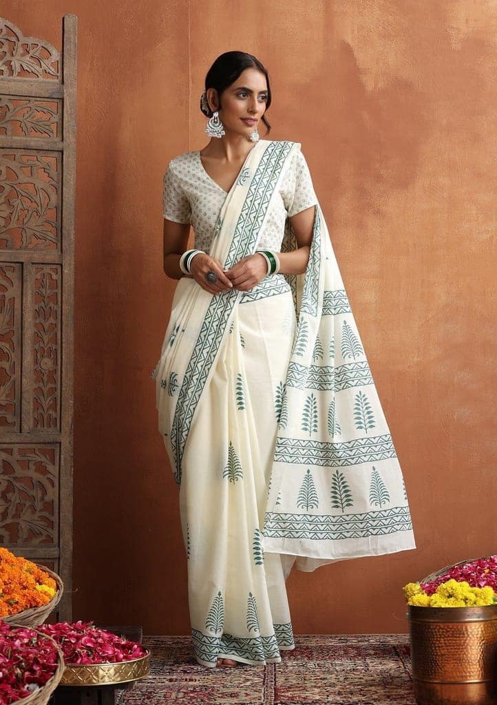 HOC Crafts Hand Block Mulmul Printed Women's Saree - Cream view 2