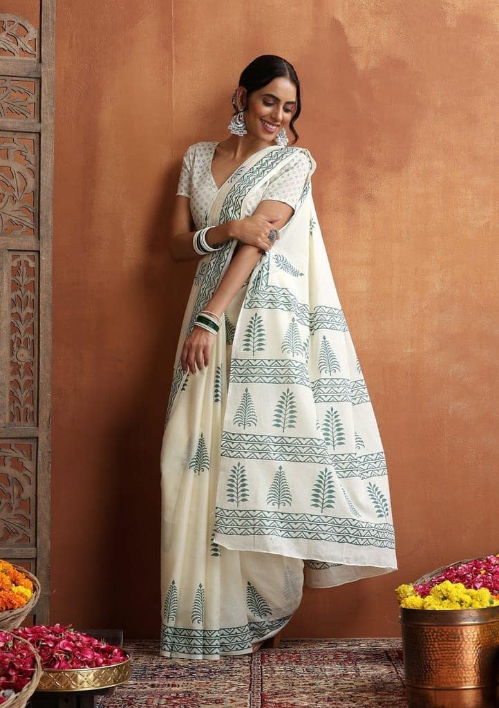 HOC Crafts Hand Block Mulmul Printed Women's Saree - Cream view 4
