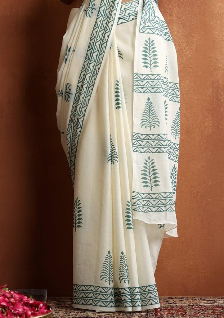 HOC Crafts Hand Block Mulmul Printed Women's Saree - Cream view 5