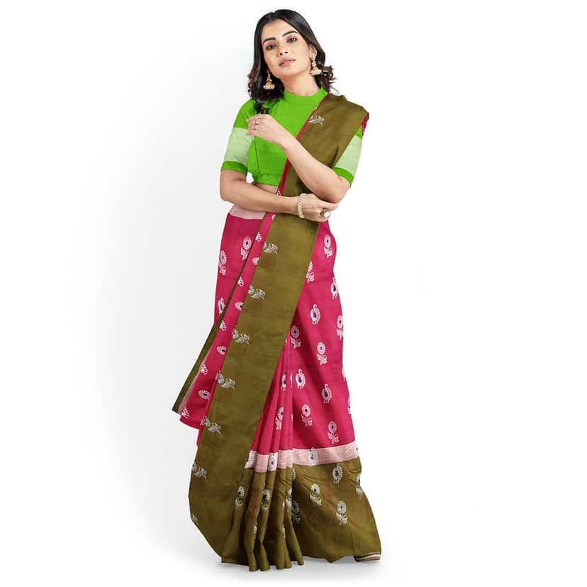 Rubyred Color Long Border Mango & Floral Butta Kanjivaram Pure Silk Saree view 3