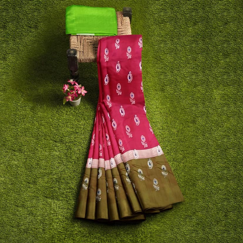 Rubyred Color Long Border Mango & Floral Butta Kanjivaram Pure Silk Saree view 5