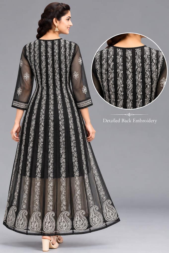 Mrs Right Women’s Lucknowi Chikankari Anarkali Kurta in Soft Georgette | Handcrafted Floral Embroidery | 3/4 Sleeves | 45 Inch Length | 74 Inch Flare | Festive Ethnic Wear view 4