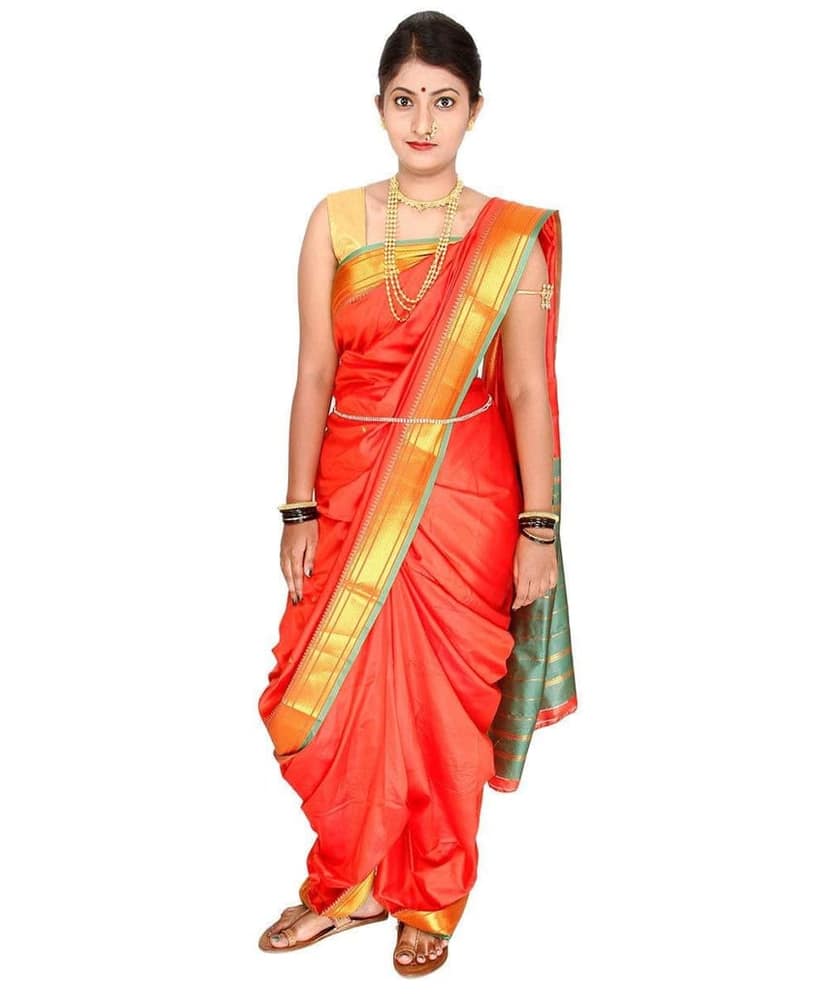 Unstitched Orange Nauvari Saree view 3