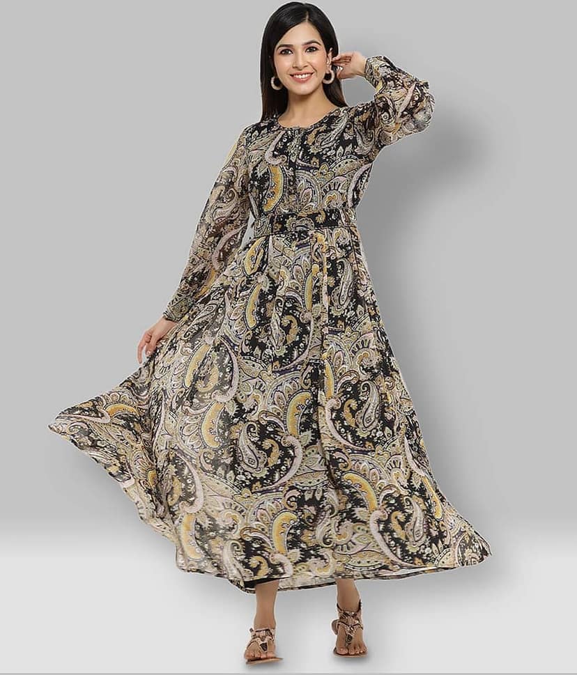 Juniper Women Chiffon Fit & Flare Dress ( Black )