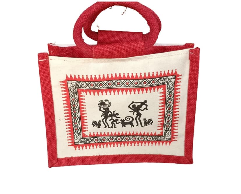 Handcrafted Jute Tote Bag with Tribal Art Print - Eco-Friendly Shopping Bag