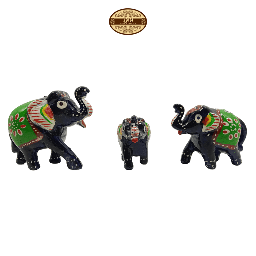 Handcrafted Paper Mache Elephant Family Figurines, Set of 3, Black with Green Colour view 2