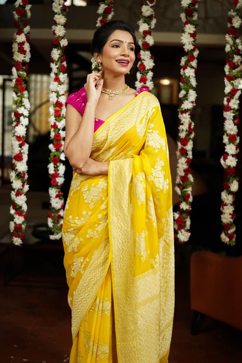 Pure Georgette Silk Banarasi Saree in Yellow with Rose Jaal Weave in Silver Tone Zari | SILK MARK CERTIFIED view 2