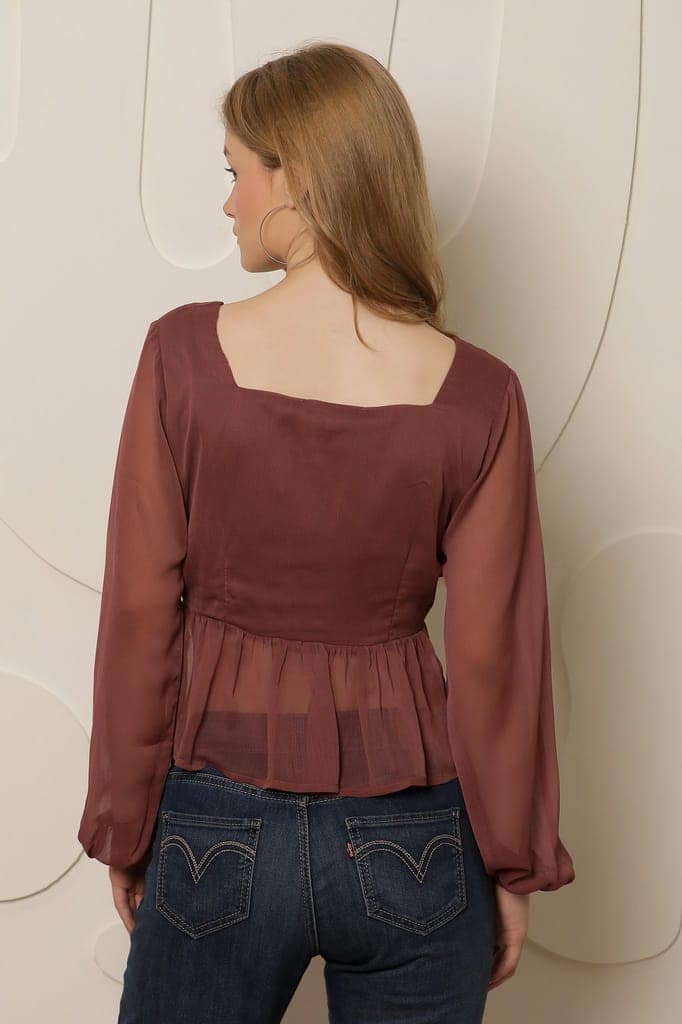 Mauve Solid Semi Sheer Peplum Top view 6