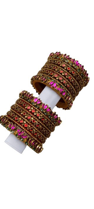 Traditional Antique Gold Plated Bangle Set with Red & Magenta Stones