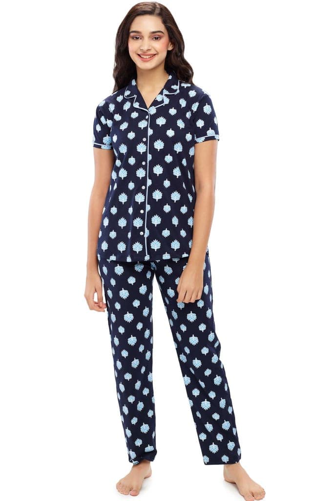 ZEYO Women's Cotton Navy Blue Leaf Printed Night suit set view 5
