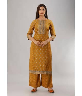 MAUKA - Gold Straight Rayon Women's Stitched Salwar Suit ( Pack of 1 )