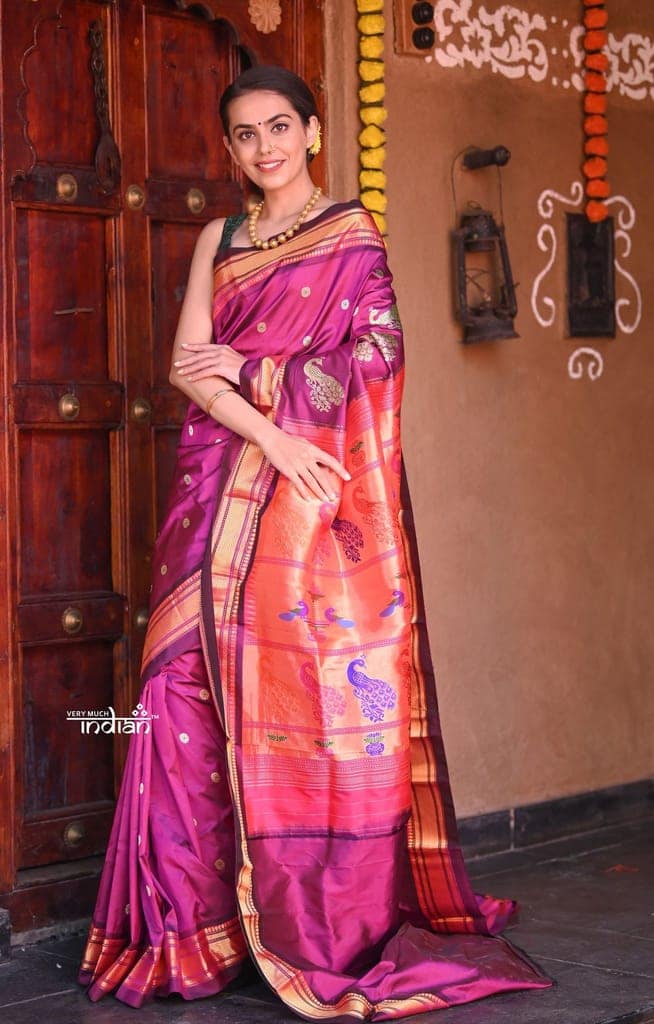 Raaga Traditional Handloom Pure Silk Wine Paithani with Meenawork Buttis and Grand Peacocks Pallu view 2