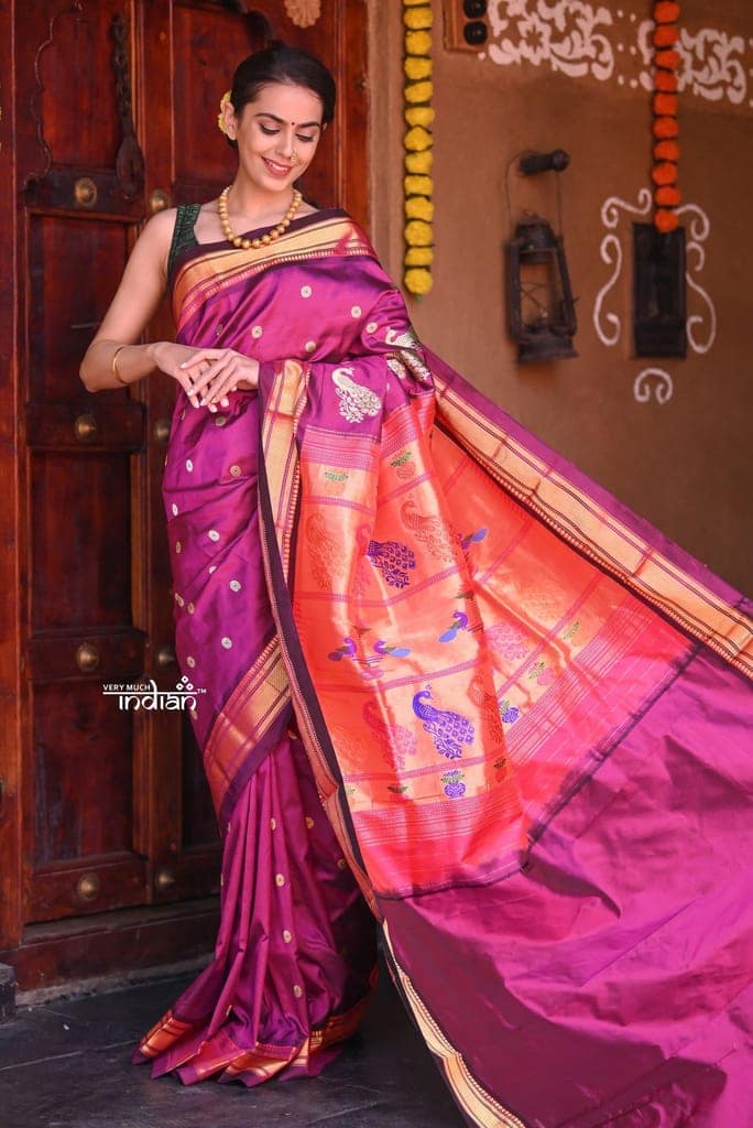 Raaga Traditional Handloom Pure Silk Wine Paithani with Meenawork Buttis and Grand Peacocks Pallu view 3